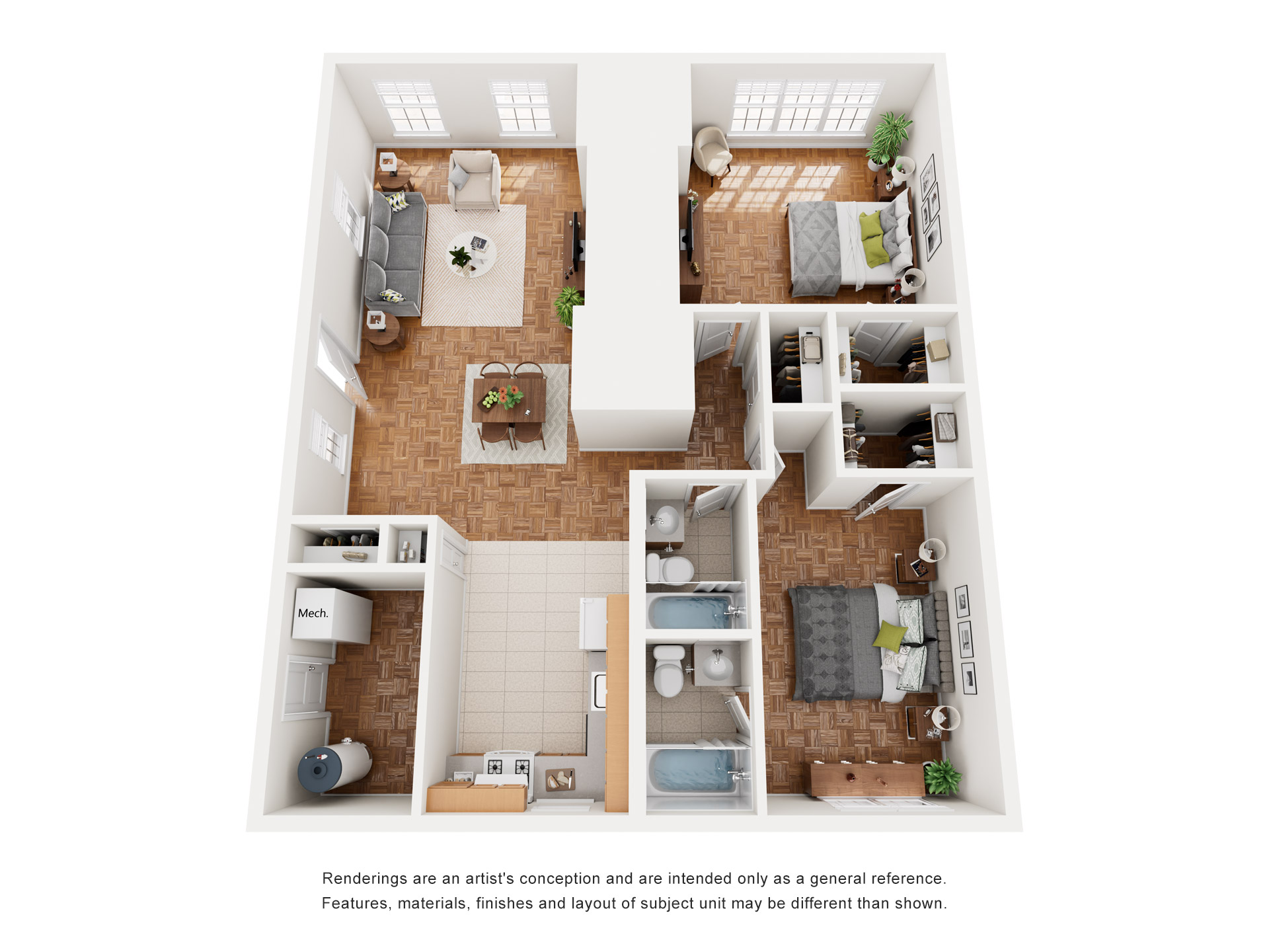 Floor plan for 2 beds, 2.5 baths, 1100 sqft